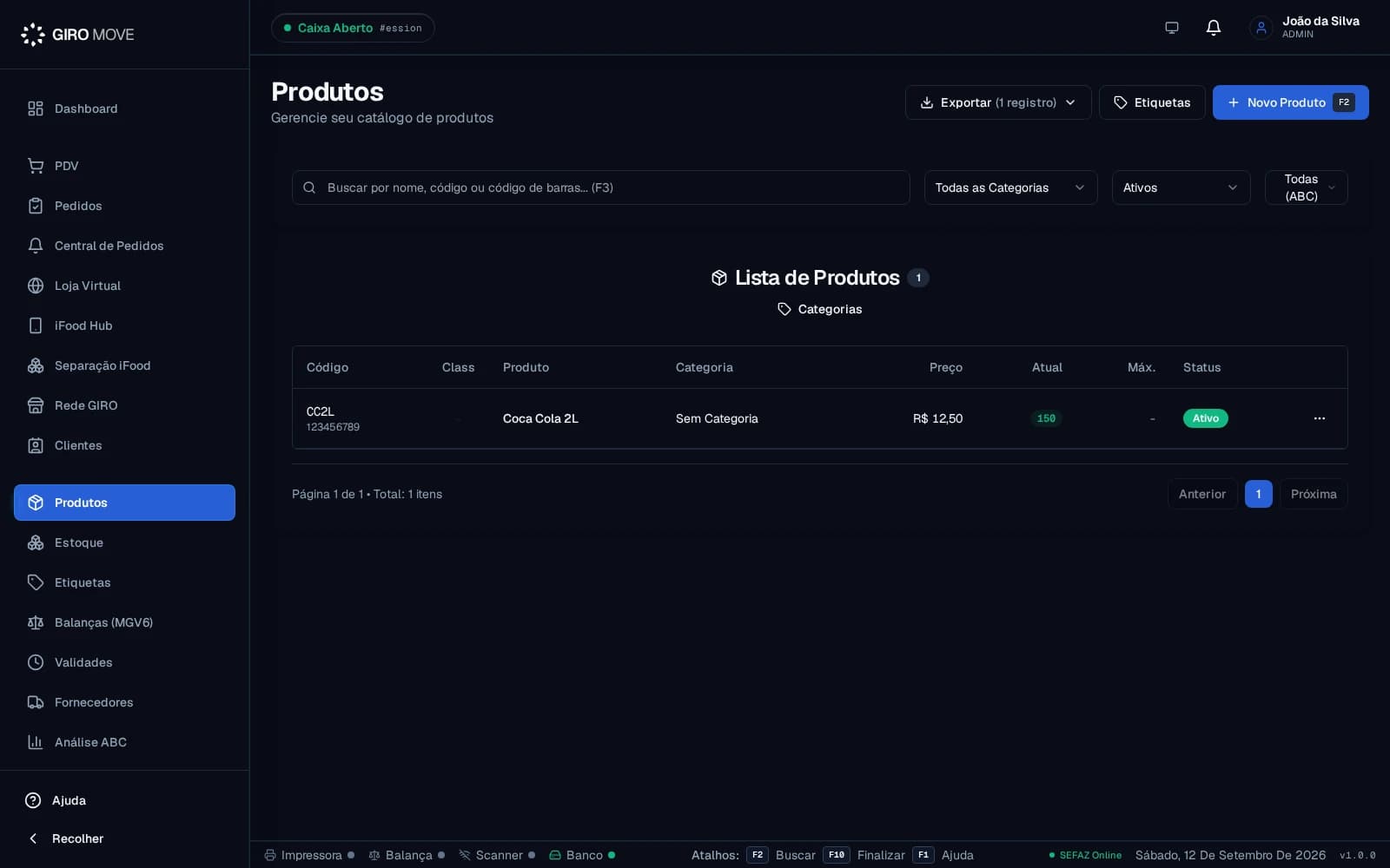 Catálogo real de produtos do GIRO Desktop em ambiente de demonstração